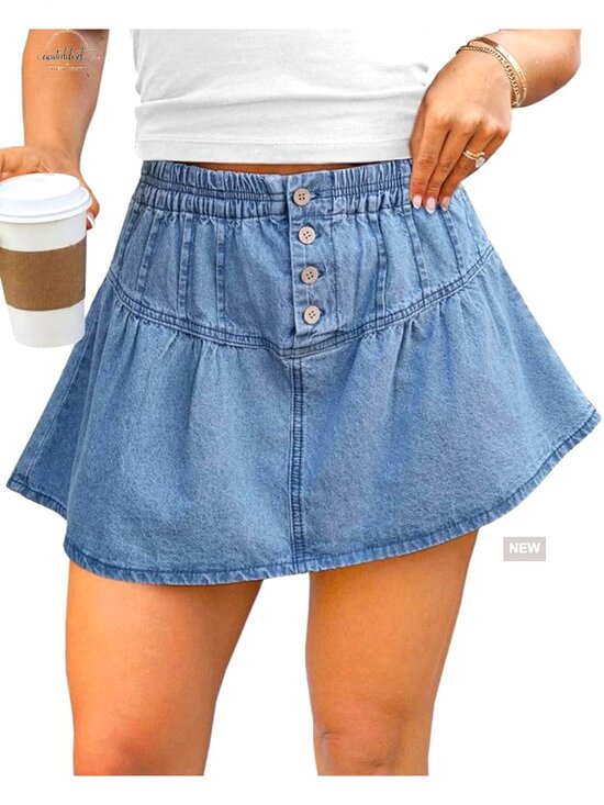 Dresses & Skirts - High Waisted Denim Pleated Mini Skirt with Built-in Shorts Summer A-Line